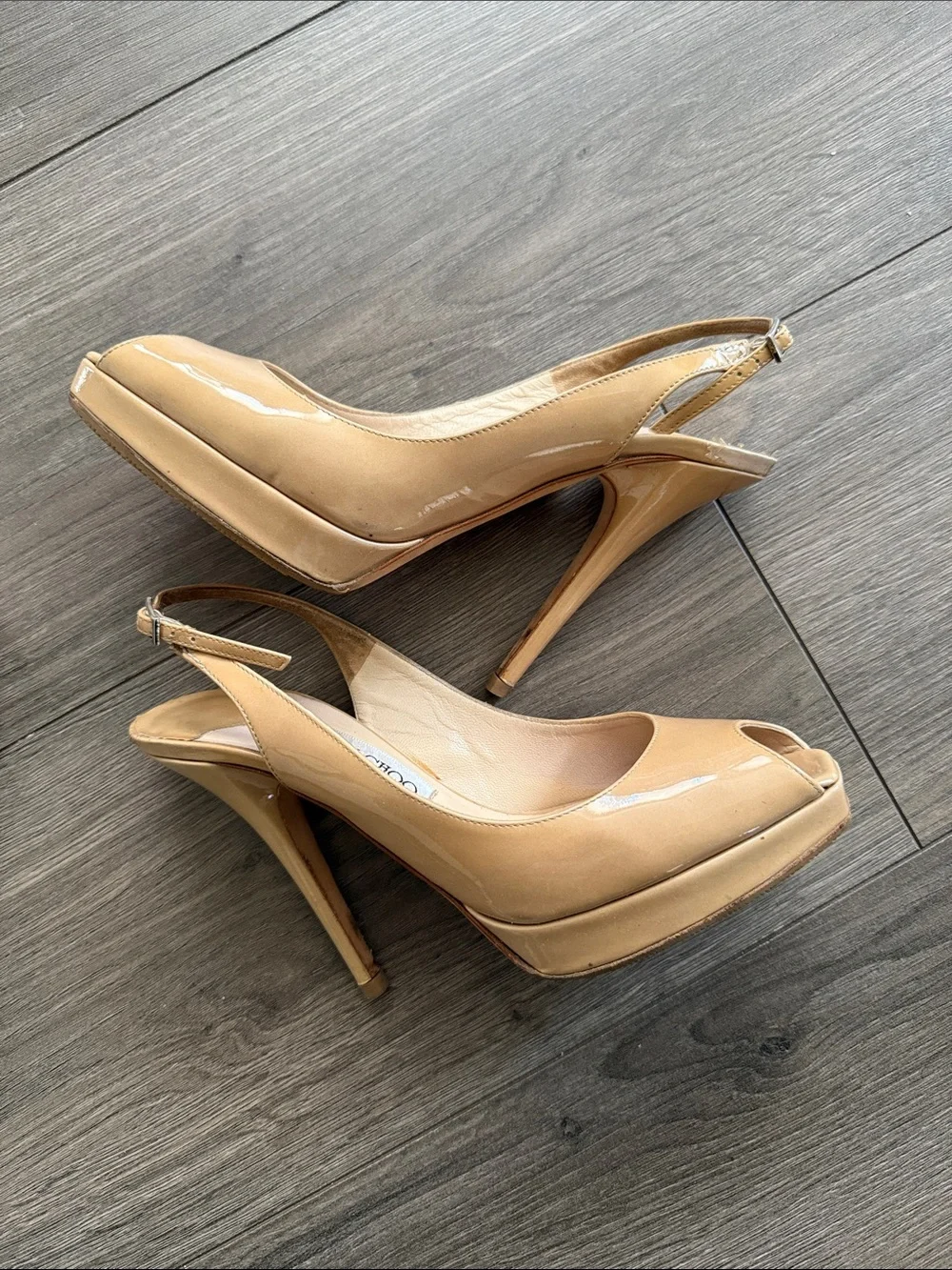 Jimmy Choo Beige Patent Leather Peep-Toe Heels